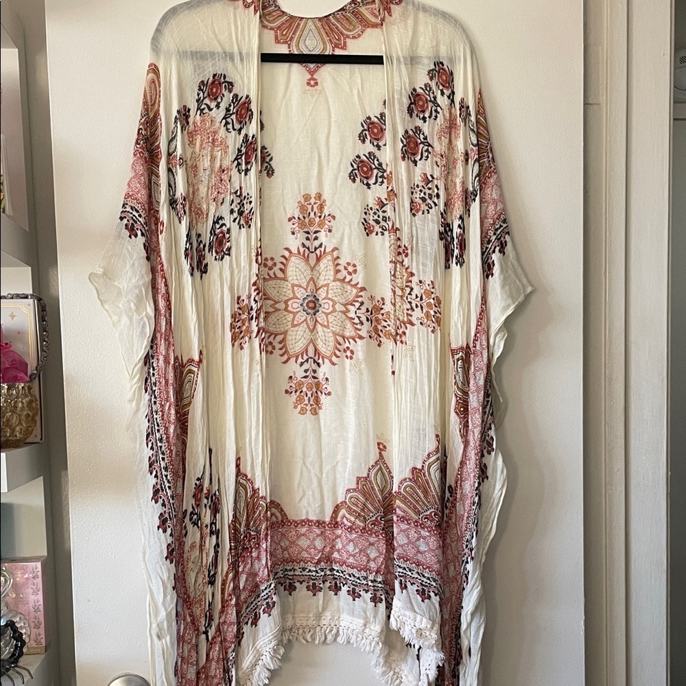Lovestitch|Bohemian Floral Kimono Duster Fringe Hem Festival|One Size|GUC